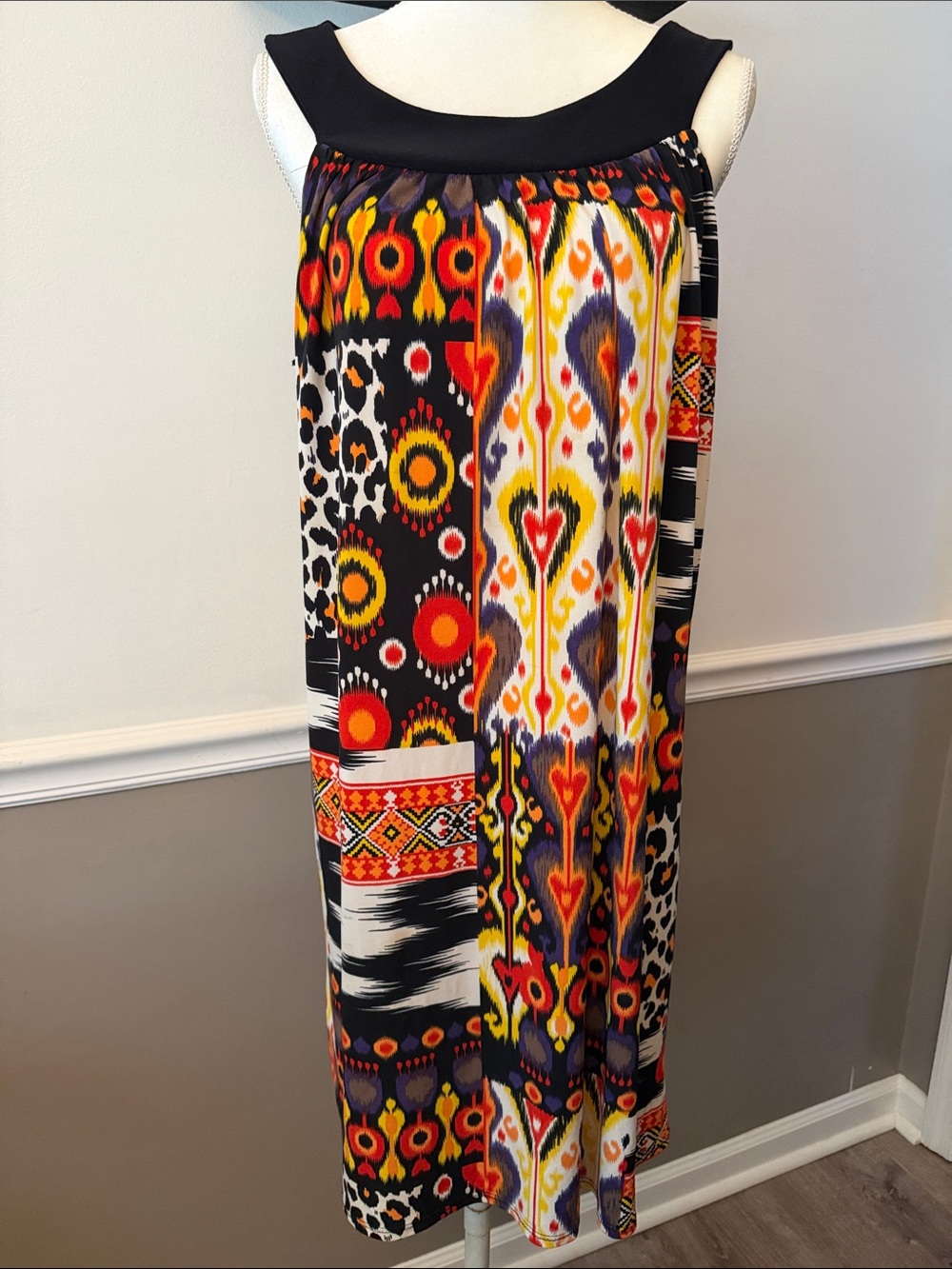 Tiana B. Multicolor Ikat Print Maxi Skirt with Black Yoke